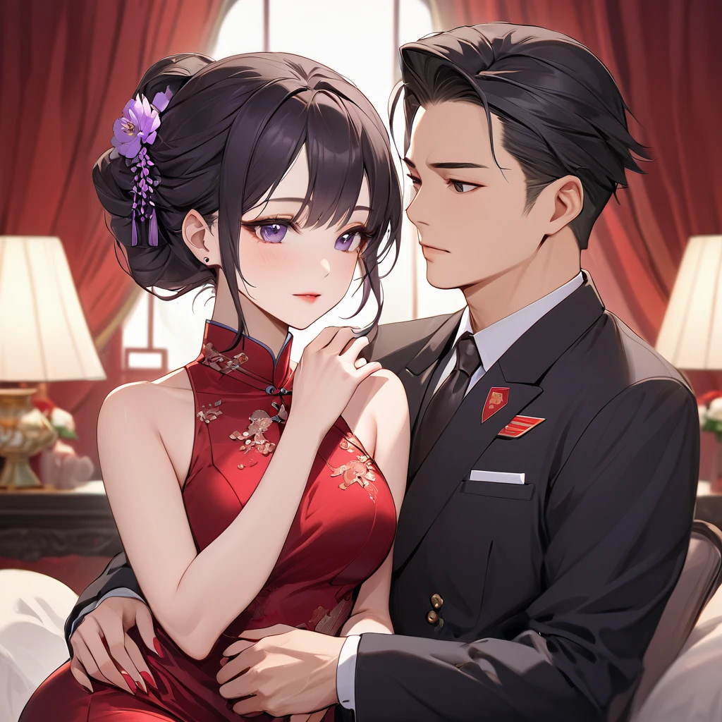 ((Highest quality)), ((masterpiece)), (detailed), （Perfect Face）、The woman is a Chinese woman named Kocho Shinobu.。, Purple gradient bob black hair and formal evening hairstyles. She is wearing an engagement ring. She is a prominent member of the .、She is the honored wife of a great old  cadre.、The woman is beautifully dressed in a gorgeous and glamorous red mermaid party dress、An elegant Chinese lady in a posh room、A woman is a good wife and mother who loves her husband and devotes herself to him.