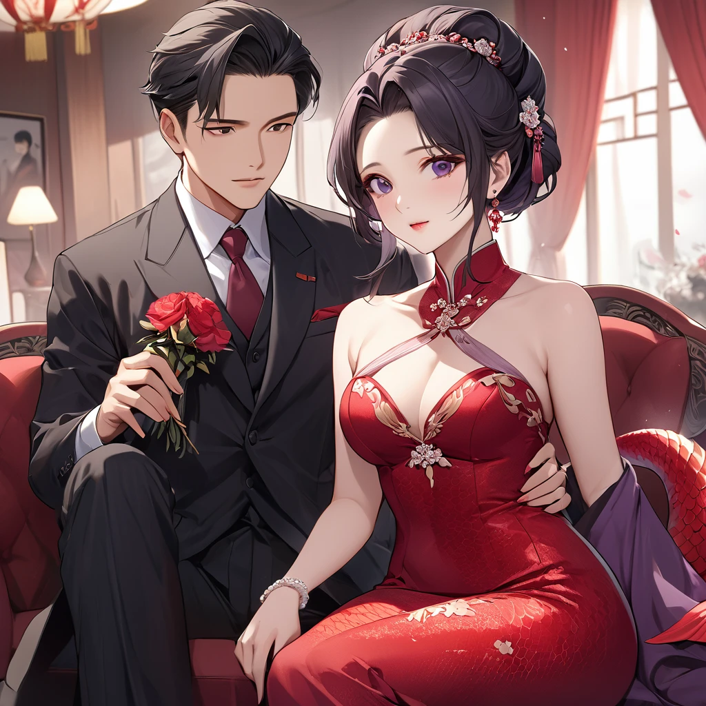 ((Highest quality)), ((masterpiece)), (detailed), (Perfect Face)、The woman is a Chinese woman named Kocho Shinobu.。, Purple gradient bob black hair and formal evening hairstyles. She is wearing an engagement ring. She is a prominent member of the Chinese Communist Party.、She is the honored wife of a great old Communist Party cadre.、The woman is beautifully dressed in a gorgeous and glamorous red mermaid party dress、An elegant Chinese lady in a posh room、A woman is a good wife and mother who loves her husband and devotes herself to him.