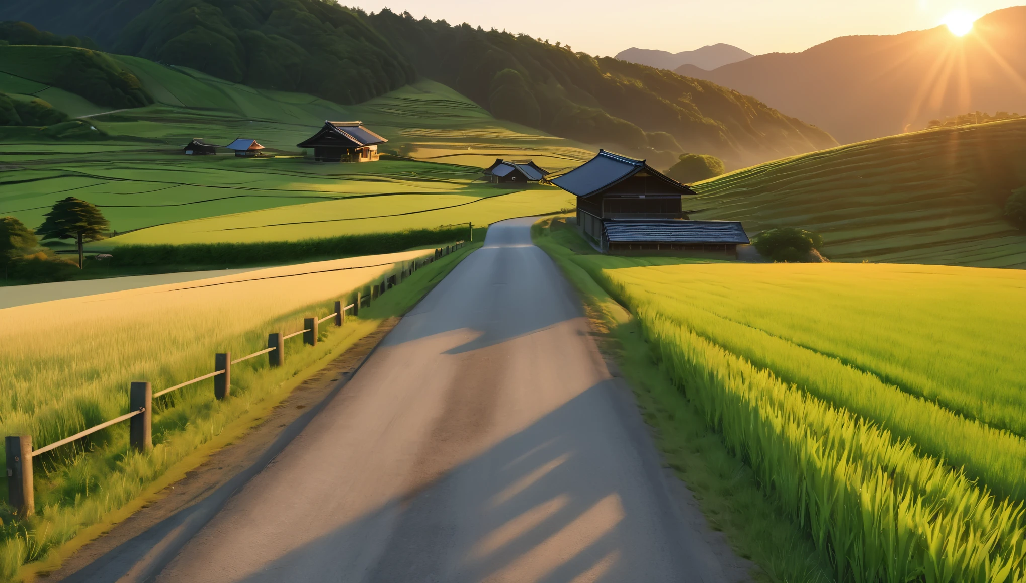a japanese rural village, lush green farmland, paved roads, midsummer, sunny day, golden hour sunset, (best quality,4k,8k,highres,masterpiece:1.2),ultra-detailed,(realistic,photorealistic,photo-realistic:1.37),HDR,UHD,studio lighting,vivid colors,professional