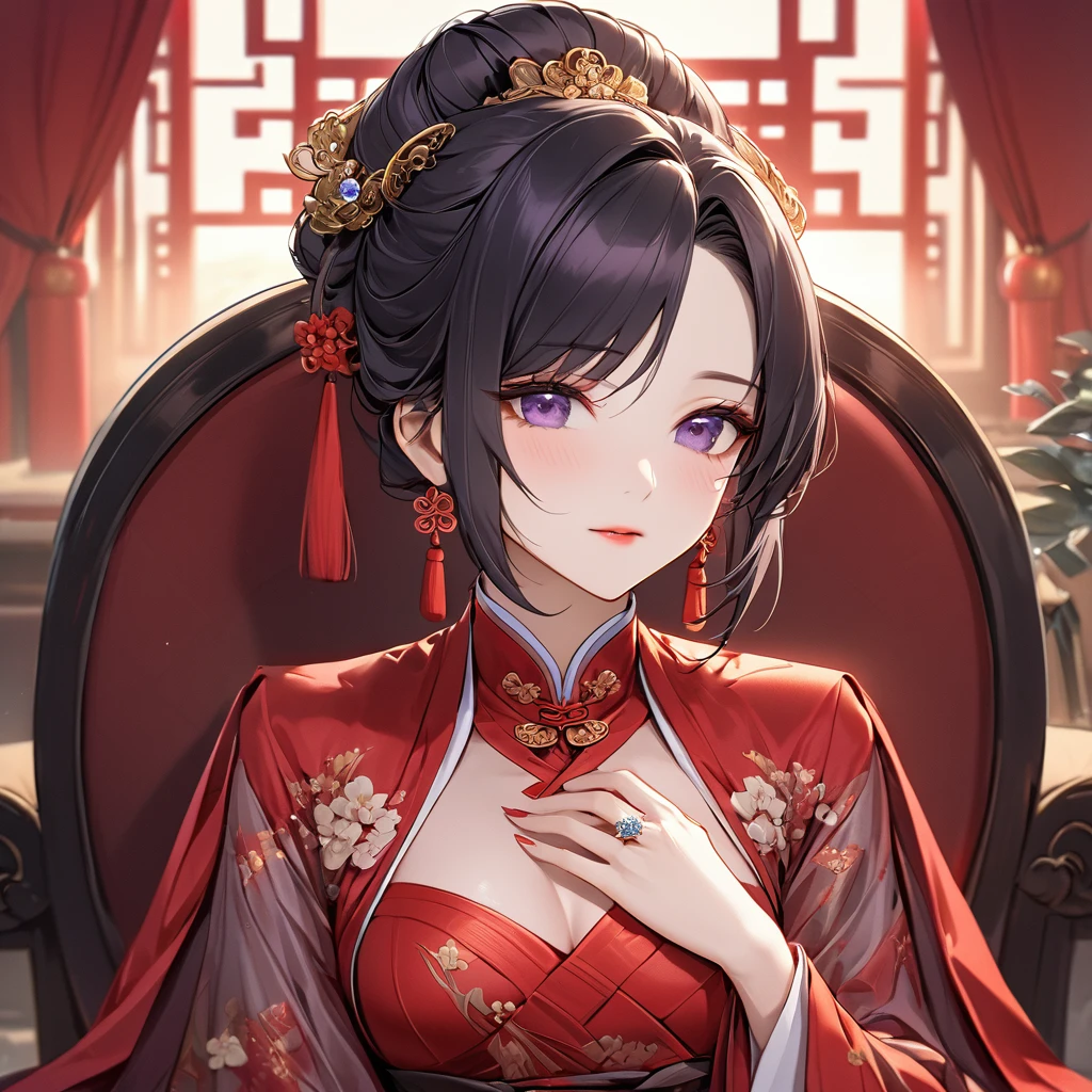 ((Highest quality)), ((masterpiece)), (detailed), (Perfect Face)、The woman is a Chinese woman named Kocho Shinobu.。, Purple gradient bob black hair and formal evening hairstyles. She is wearing an engagement ring. She is a prominent member of the Chinese Communist Party.、She is the honored wife of a great old Communist Party cadre.、A woman is beautifully dressed in a luxurious and gorgeous red ancient Chinese empress costume in ancient Chinese court attire、An elegant Chinese lady in a posh room、A woman is a good wife and mother who loves her husband and devotes herself to him.