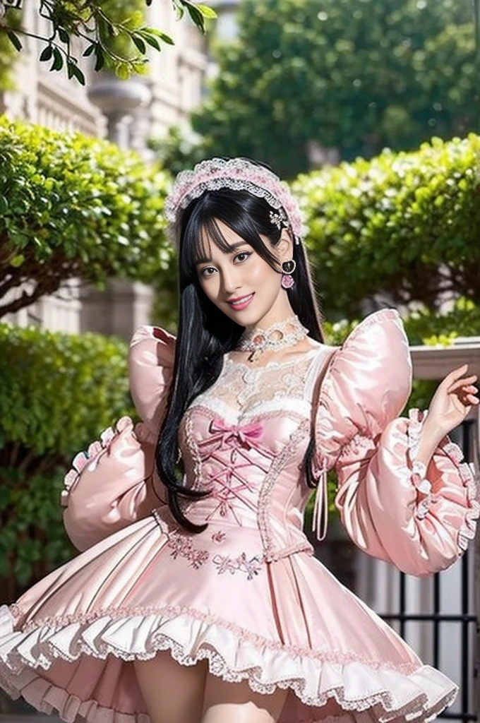 nsfw, sexy Thai princess, only 1 female, ((doll-like appearance)), short neon pink stylish hair, ((shiny Victorian-Style boots)), (big smile), ultra detailed eyes, vivid eye makeup, lipgloss, long lashes, defined eyebrows, ((sexy Paradise Kiss cosplay)), bell-shaped skirt, petticoats, high neckline, puffed sleeves, ((ultra detailed lace)), ((ultra detailed embroidery)), intricate details, Paradise Kiss accessoires and matching headpiece, choker, ((large sparkling Paradise Kiss jewelry)), cinematic light, detailed large park background with trees