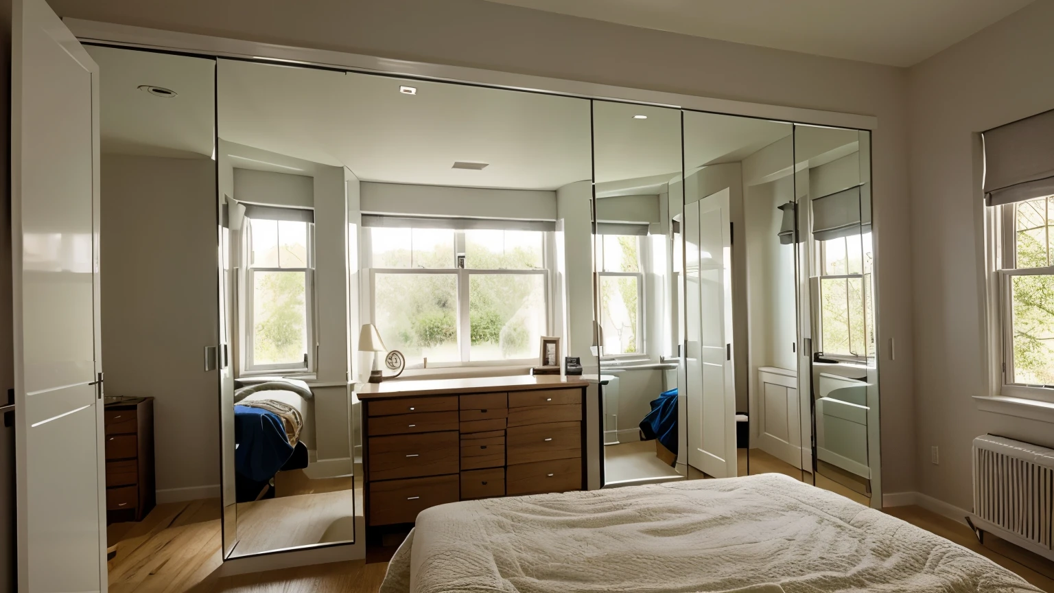 nice bedroom with big window,darker,mirror,closet