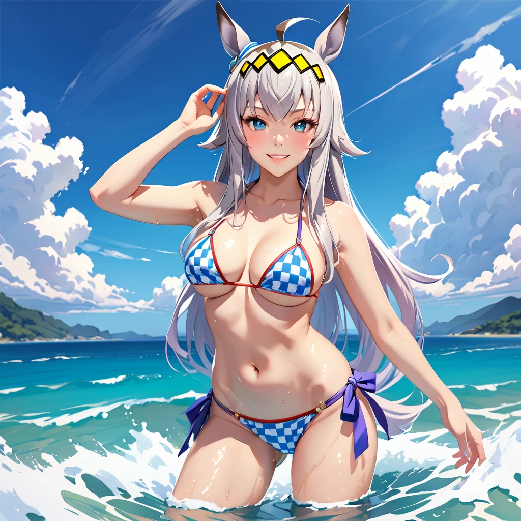 Highest quality, Oguri Cap (umamusume), smile,, Micro Bikini、Ocean、get wet、Dynamic pose