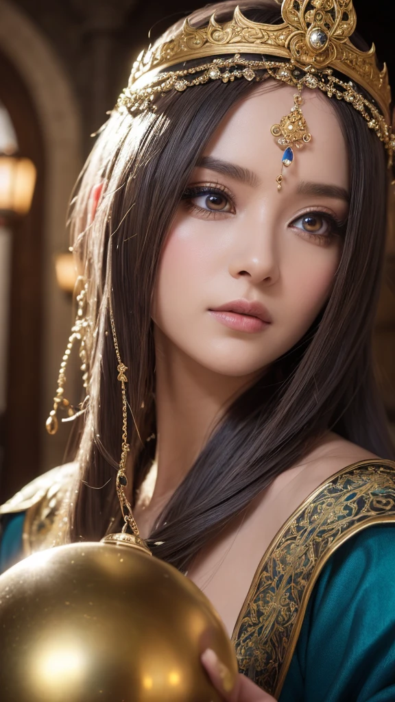 a detailed portrait of Minea the fortune teller from Dragon Quest IV, beautiful detailed eyes, beautiful detailed lips, extremely detailed face, longeyelashes, intricate detailed ornate robes, ornate headpiece, holding a magical crystal ball, dramatic lighting, fantasy medieval setting, cinematic composition, rich colors, digital art, concept art style, photorealistic, 8k, best quality, HDR, ultra-detailed