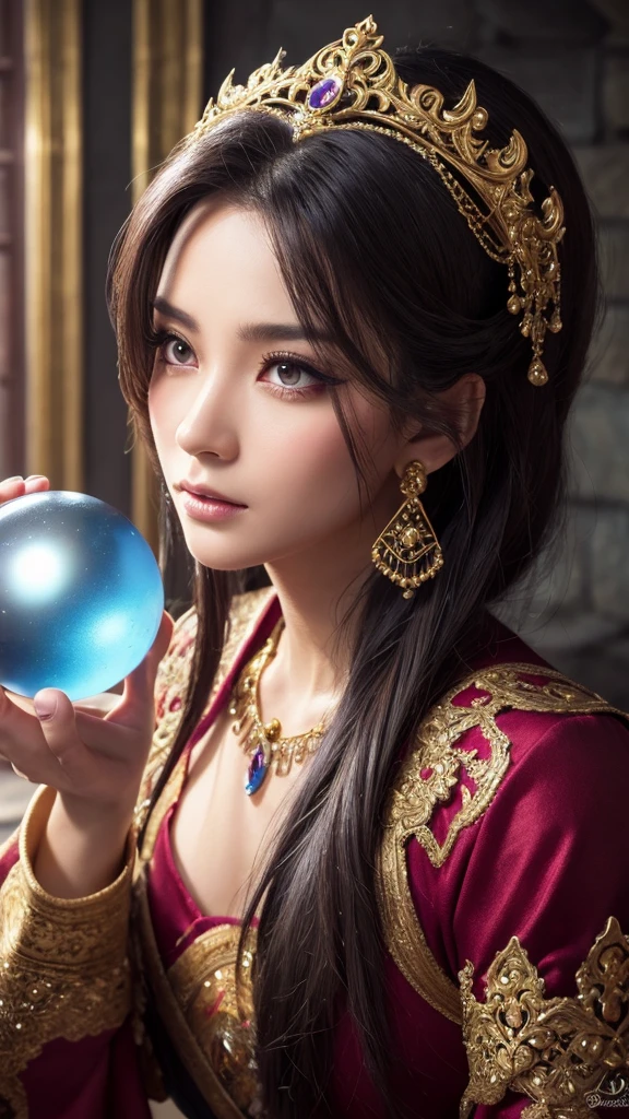 a detailed portrait of Minea the fortune teller from Dragon Quest IV, beautiful detailed eyes, beautiful detailed lips, extremely detailed face, longeyelashes, intricate detailed ornate robes, ornate headpiece, holding a magical crystal ball, dramatic lighting, fantasy medieval setting, cinematic composition, rich colors, digital art, concept art style, photorealistic, 8k, best quality, HDR, ultra-detailed