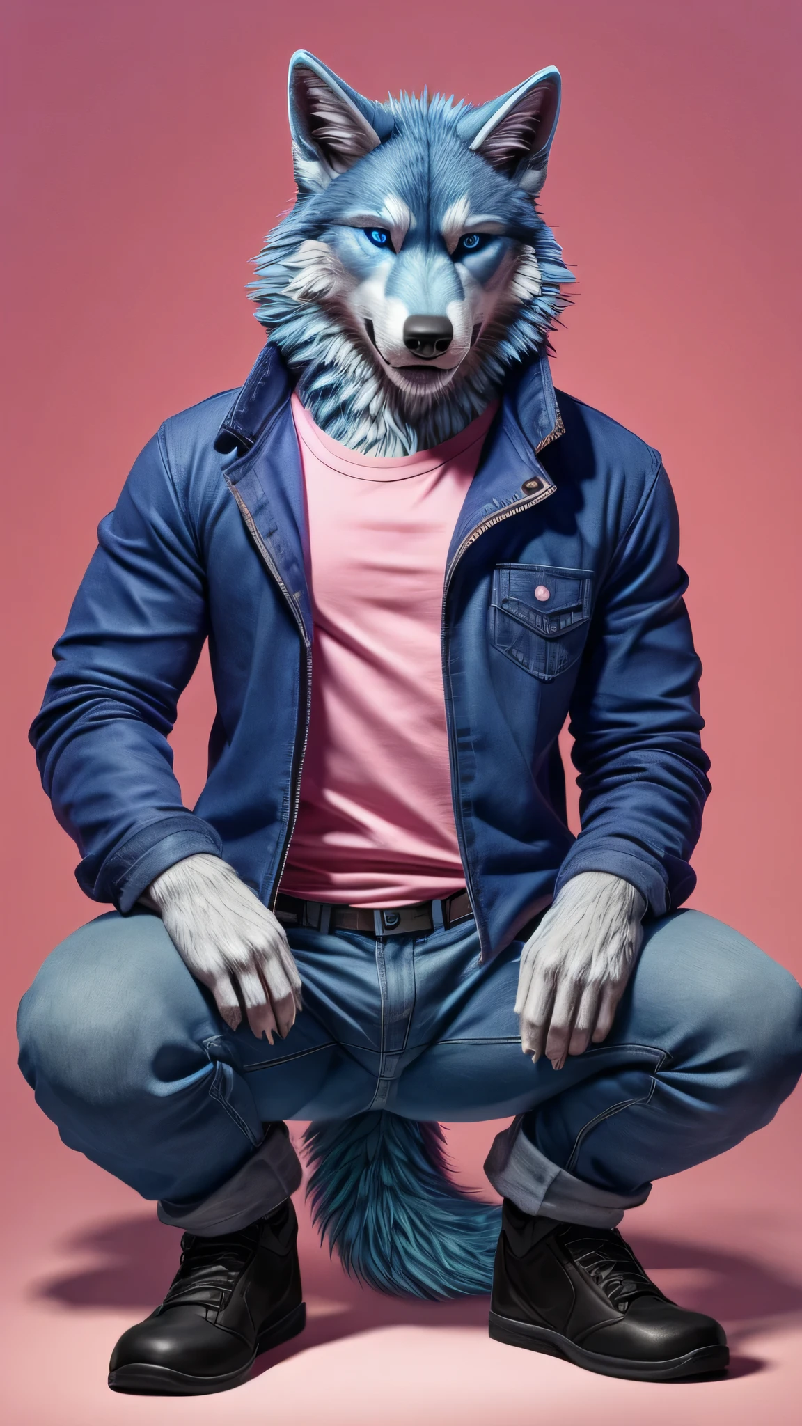Male blue wolf with hairy squatting legs, open pose, blue jeans and pink shirts, black jacket, pink blue gradient background, blue eyes