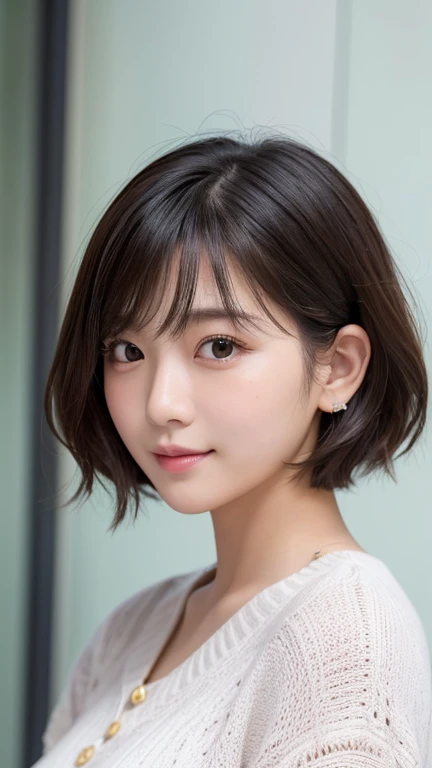 20代のlikeい女性の非常に詳細でフォトリアリスティックなポートレート。((She has a round face、The length and width of the face are almost the same、My cheeks are plump。Big, round eyes:1.3、Characterized by plump lips))。((Short hair:1.4、A style that emphasizes a rounded silhouette))。She smiles sweetly、Has a warm and friendly look。The background is soft and blurred、The focus is on facial features。The lighting is soft and natural、like々It emphasizes a fresh and vibrant look.。