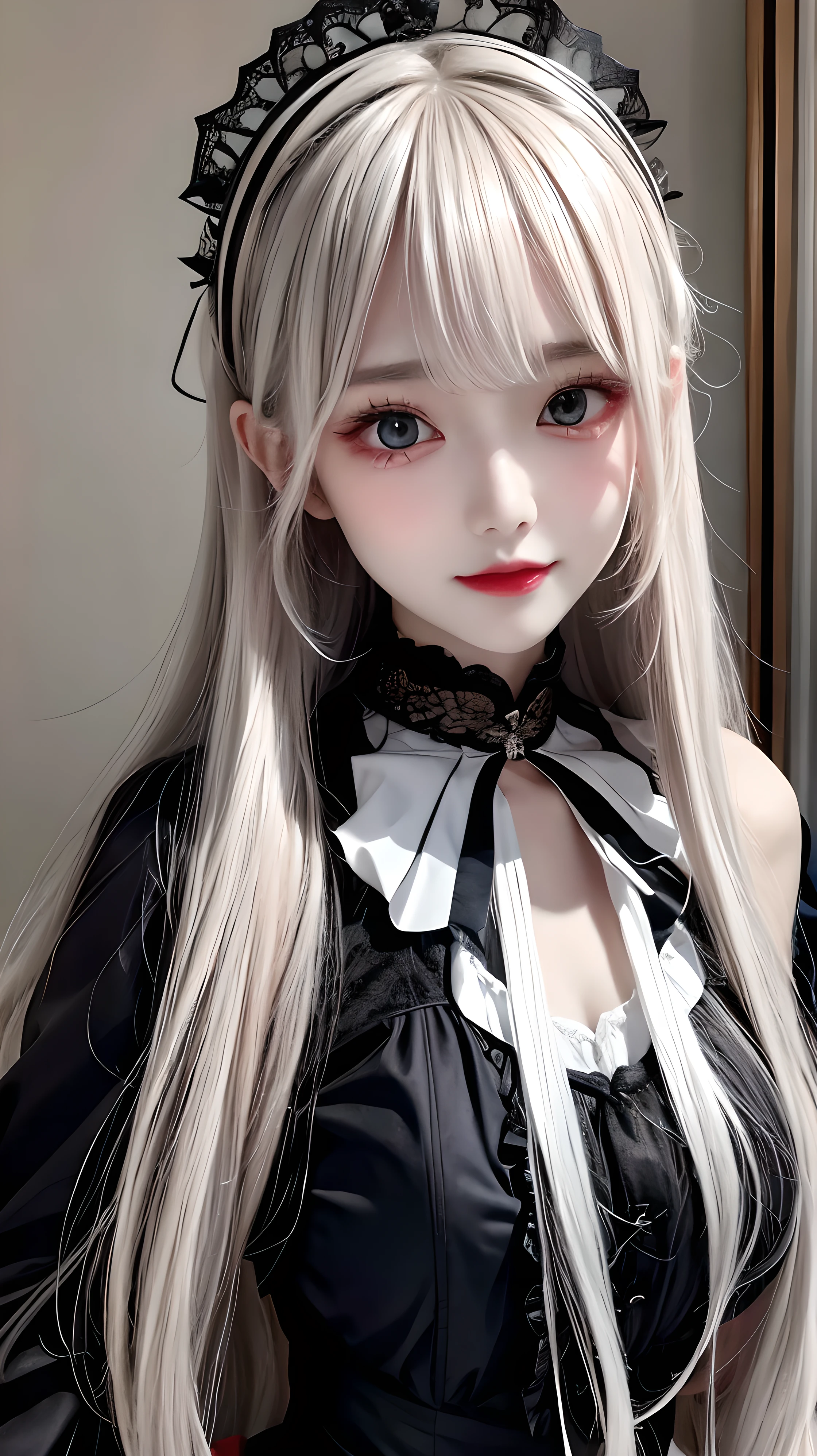 Has long white hair and red eyes、Please draw a super beautiful girl wearing a black hair accessory.。She wears a Gothic Lolita outfit、The elegant and mysterious atmosphere surrounds you.。Her hair ornament is black、Showing off her beautiful hair、It highlights her individuality。

Her Gothic Lolita outfit、A dark and luxurious design that is still subtle、It maintains its understated charm。Lace and ribbon、Accents such as ruffles、It is a hallmark of her Gothic Lolita style.。The outfit hugged her figure beautifully.、It gives elegance and class。

Her red eyes shine passionately、Combined with her charming smile、It highlights her individuality and charm.。Her smile has a unique charm、Combined with her mysterious aura、Her charm stands out even more。Her appearance is美しく、Its presence is captivating。

This beautiful girl with long white hair and red eyes、Wearing a modest yet attractive Gothic Lolita outfit、It displays its beauty and dignity。Her appearance is、Her presence and charm in the world of Gothic Lolita fashion is fused together.、It is a fascinating and mysterious sight.。