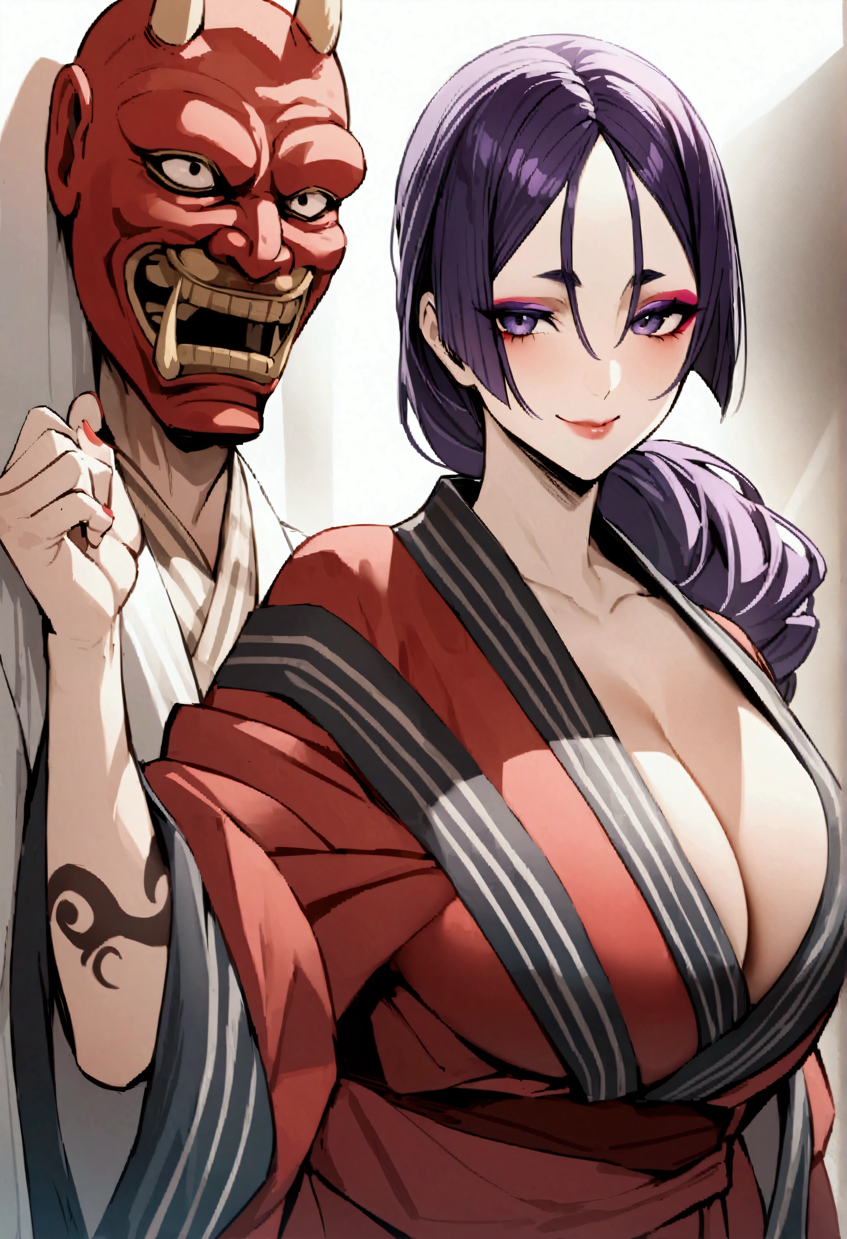 
masterpiece、Highest quality、One mature woman、Raikou、A motherly smile、Big Breasts、Purple Hair、Simakos、One girl、oni mask、Yakuza、older sister、Sharp eyes、Colorful eyeshadow、Facial scars、Staring at the audience、red kimono、ponytail、bangs、White Hair、Bangs&#39; Big Breasts、slim、Full Arm Tattoo、、Pinup Pose、Portrait、An illustration 