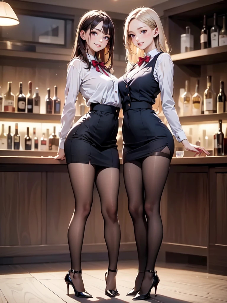 (masterpiece:1.3),(best quality, highest quality),((Full Body Shot,Including face)),1girl,Standing position,4K,masterpiece,((Focus on the face)),((Symmetrical facial features)),Beautiful woman,slender,Beautiful feet,((High heels,Patterned stockings with straps)),Detailed depiction of the face,(Panty shot),(Staff uniforms),bar counter,bartender,Realistic,(smile)