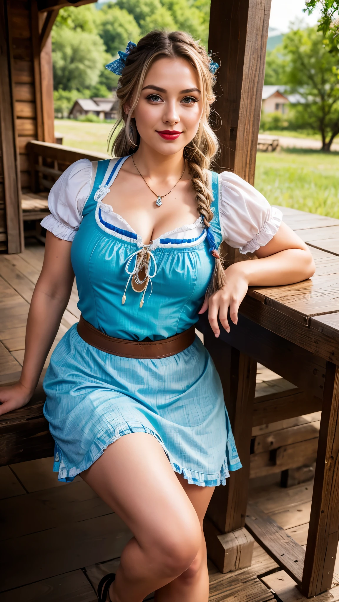 (tabletop, best qualityer), ultra detali, Photorealistic, beautfull woman , with gray hair, braided hair, braided hair, blue colored eyes, ((dirndls)), (sexy underwear), Mesh sandals, a necklace, Wavy hair, face perfect, beautiful face, appealing, big gorgeous eyes, I have my mouth wide open, Red lips, make up, glad, voluptuous body, seducing smile, Glamorous body, big-ass, (Full ar), Rural town, meal, shiny colors, A walk on the steppe