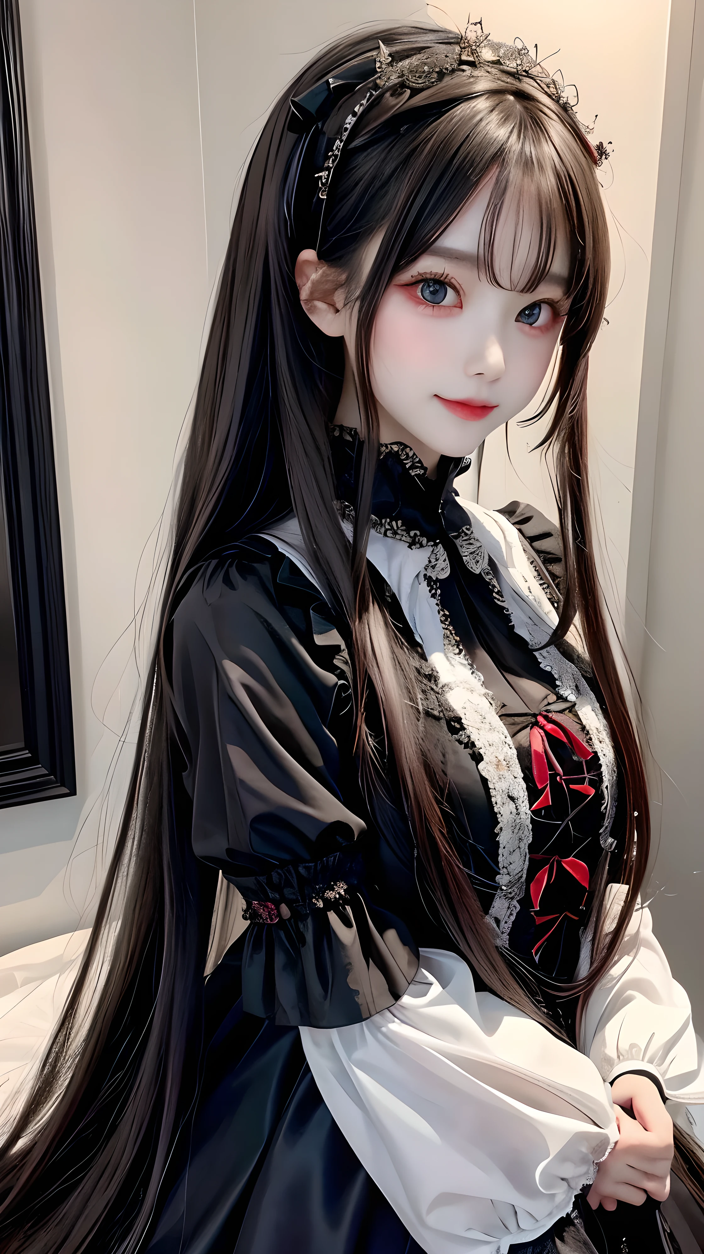 Has long white hair and red eyes、Please draw a super beautiful girl wearing a black hair accessory.。She wears a Gothic Lolita outfit、The elegant and mysterious atmosphere surrounds you.。Her hair ornament is black、Showing off her beautiful hair、It highlights her individuality。

Her Gothic Lolita outfit、A dark and luxurious design that is still subtle、It maintains its understated charm。Lace and ribbon、Accents such as ruffles、It is a hallmark of her Gothic Lolita style.。The outfit hugged her figure beautifully.、It gives elegance and class。

Her red eyes shine passionately、Combined with her charming smile、It highlights her individuality and charm.。Her smile has a unique charm、Combined with her mysterious aura、Her charm stands out even more。Her appearance is美しく、Its presence is captivating。

This beautiful girl with long white hair and red eyes、Wearing a modest yet attractive Gothic Lolita outfit、It displays its beauty and dignity。Her appearance is、Her presence and charm in the world of Gothic Lolita fashion is fused together.、It is a fascinating and mysterious sight.。