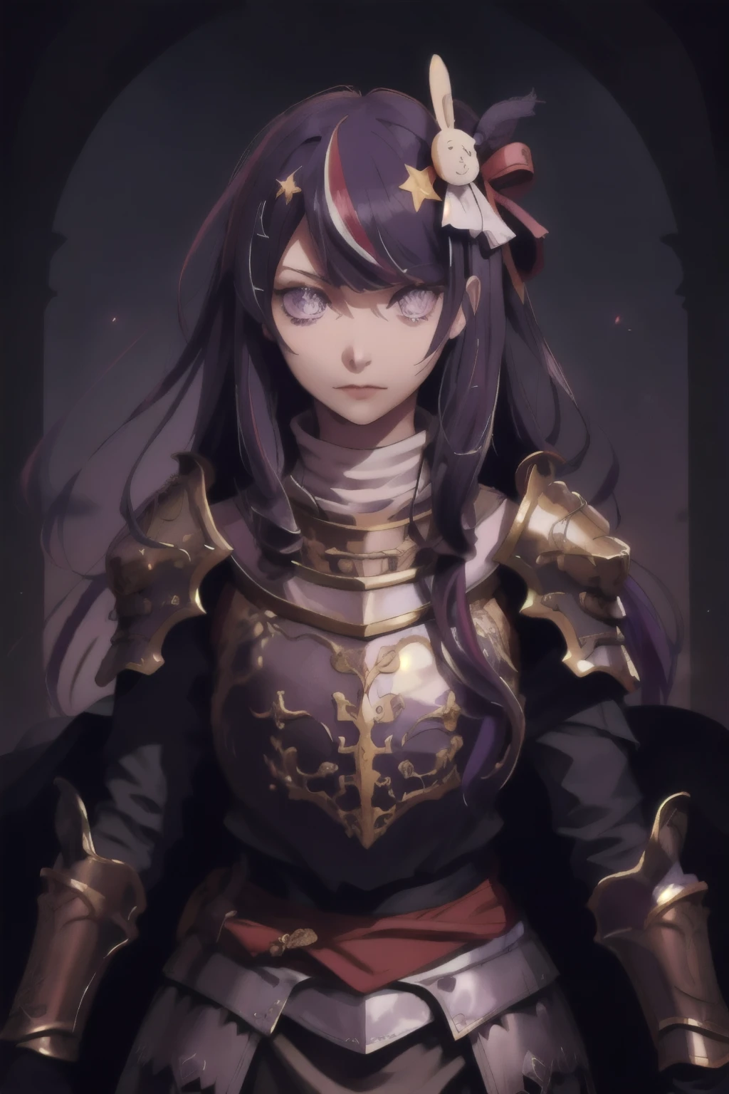 Hoshino Ai, long hair, purple hair, streaked hair ,purple eyes, star-shaped pupils, hair ornament, medieval armor