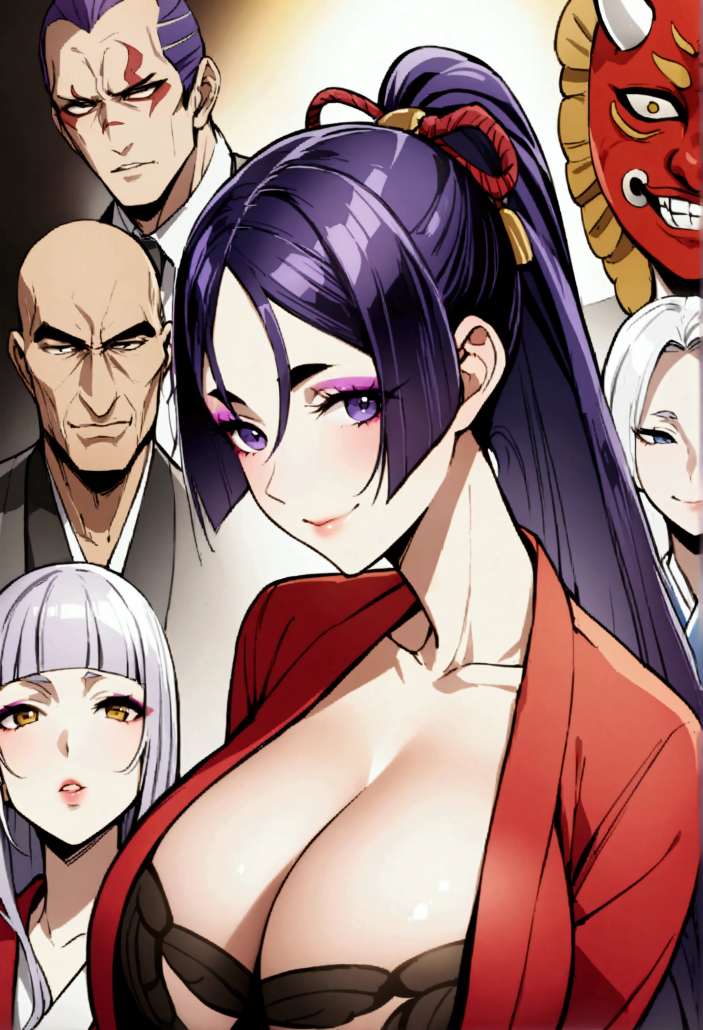 
masterpiece、Highest quality、One mature woman、Raikou、A motherly smile、Big Breasts、Purple Hair、Simakos、One girl、oni mask、Yakuza、older sister、Sharp eyes、Colorful eyeshadow、Facial scars、Staring at the audience、red kimono、ponytail、bangs、White Hair、Bangs' Big Breasts、slim、Full Arm Tattoo、、Pinup Pose、Portrait、An illustration 