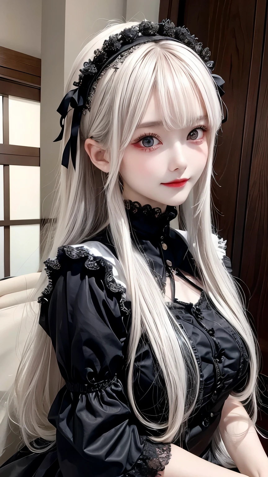 Has long white hair and red eyes、Please draw a super beautiful girl wearing a black hair accessory.。She wears a Gothic Lolita outfit、The elegant and mysterious atmosphere surrounds you.。Her hair ornament is black、Showing off her beautiful hair、It highlights her individuality。

Her Gothic Lolita outfit、A dark and luxurious design that is still subtle、It maintains its understated charm。Lace and ribbon、Accents such as ruffles、It is a hallmark of her Gothic Lolita style.。The outfit hugged her figure beautifully.、It gives elegance and class。

Her red eyes shine passionately、Combined with her charming smile、It highlights her individuality and charm.。Her smile has a unique charm、Combined with her mysterious aura、Her charm stands out even more。Her appearance is美しく、Its presence is captivating。

This beautiful girl with long white hair and red eyes、Wearing a modest yet attractive Gothic Lolita outfit、It displays its beauty and dignity。Her appearance is、Her presence and charm in the world of Gothic Lolita fashion is fused together.、It is a fascinating and mysterious sight.。