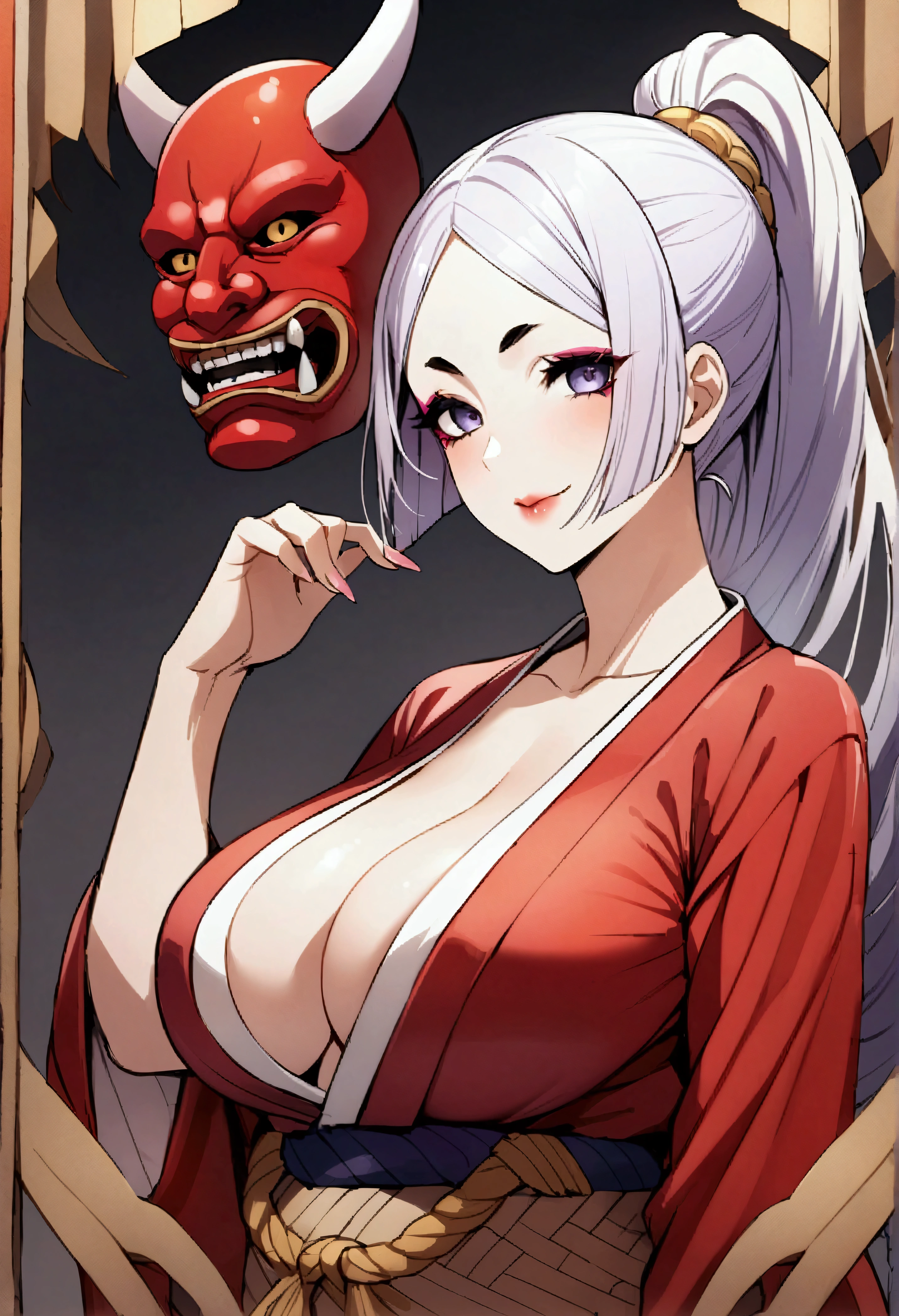 masterpiece、Highest quality、One mature woman、Raikou、A motherly smile、Big Breasts、Purple Hair、Simakos、One girl、oni mask、Yakuza、older sister、Sharp eyes、Colorful eyeshadow、Facial scars、Staring at the audience、red kimono、ponytail、bangs、White Hair、Bangs' Big Breasts、slim、Full Arm Tattoo、、Pinup Pose、Portrait、An illustration