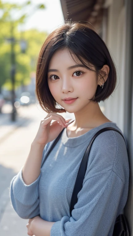 20代のlikeい女性の非常に詳細でフォトリアリスティックなポートレート。((She has a round face、The length and width of the face are almost the same、My cheeks are plump。Big, round eyes:1.3、Characterized by plump lips))。((Short hair:1.4、A style that emphasizes a rounded silhouette))。She smiles sweetly、Has a warm and friendly look。The background is soft and blurred、The focus is on facial features。The lighting is soft and natural、like々It emphasizes a fresh and vibrant look.。
