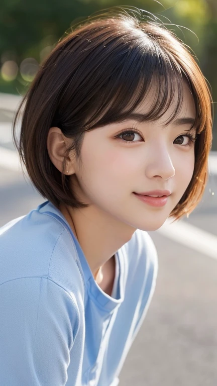 20代のlikeい女性の非常に詳細でフォトリアリスティックなポートレート。((She has a round face、The length and width of the face are almost the same、My cheeks are plump。Big, round eyes:1.3、Characterized by plump lips))。((Short hair:1.4、A style that emphasizes a rounded silhouette))。She smiles sweetly、Has a warm and friendly look。The background is soft and blurred、The focus is on facial features。The lighting is soft and natural、like々It emphasizes a fresh and vibrant look.。