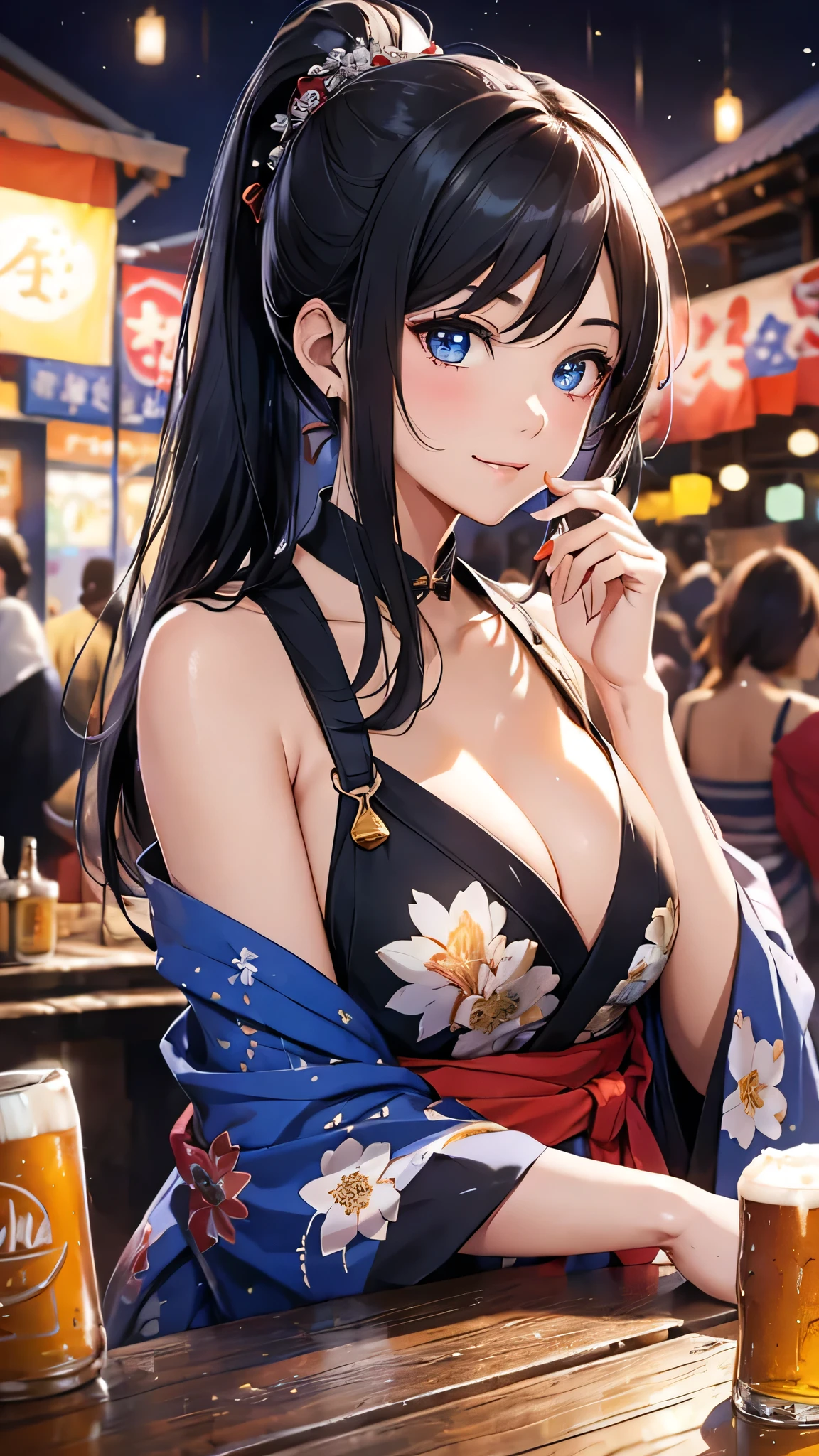 最high quality、Best image quality、masterpiece、With a girl((cute、20-year-old、Best Bust、Medium Bust、Beautiful Blue Eyes、Spread your chest wide,Black Hair、ponytail、Disheveled Hair、thin、Highest Valley、Red yukata、smile、Beer を持つ、Drunk))high quality、Beautiful art、background((night、festival、stall、Fireworks、Beer )),Tabletop、Exquisite design、Visual Arts、Written boundary depth、Best lighting、Highest detail、8k