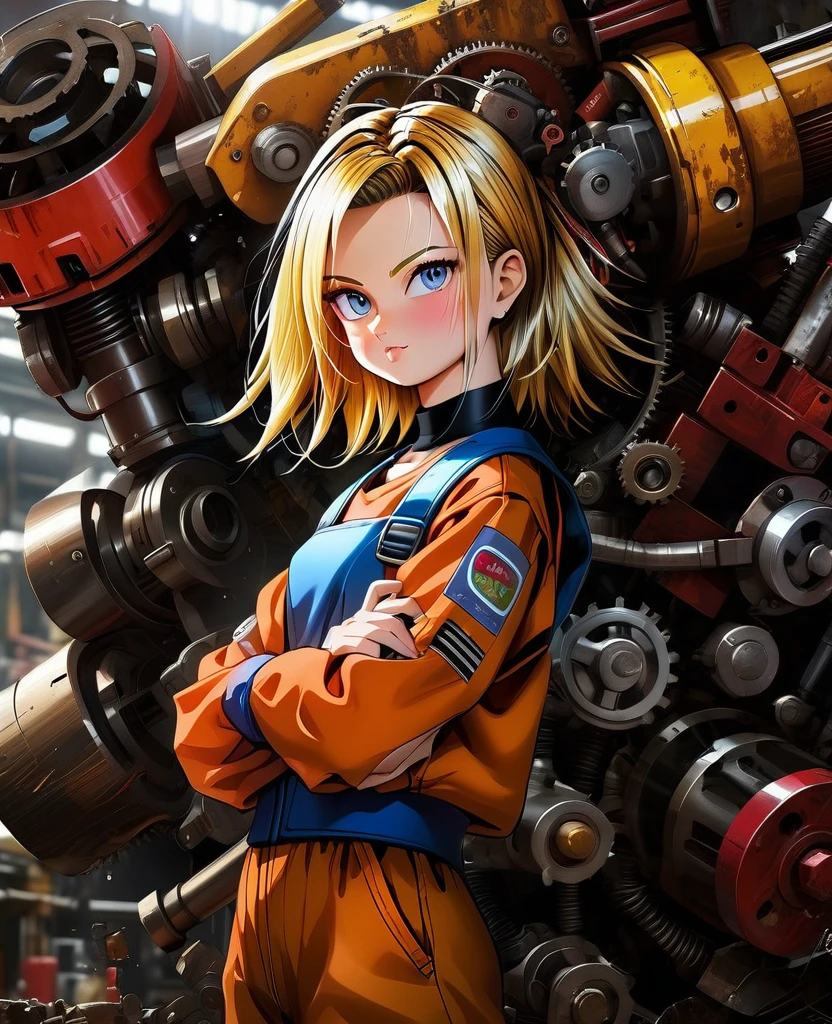 FULL HD FOTO REALISMO CINEMATIC GRAFICOS ULTRA REAISMO NOVA GERAÇÃO android 18 girl dbz with diamnte red oversized clothing, merging as a mechanic with robotic parts interspersed within his human form, dynamic pose wrench in hand, workshop background cluttered with machinery, oil stains, dimly lit with flickering fluorescent lights, high contrast shadows, vivid colors, intricate detailing of mechanical components, digital painting., Mysterious