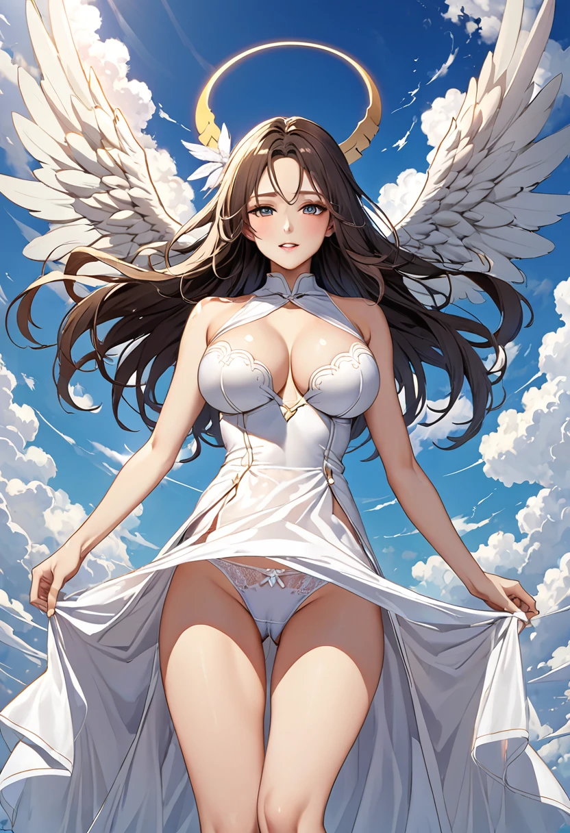 y, long hair, bighite dress, angel, sky, clouds, thin cloth, panties