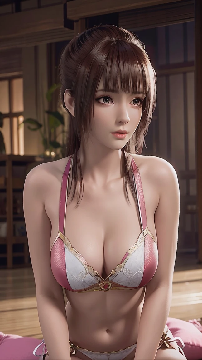 a beautiful woman in underwear, seductive gaze, detailed face and body, (best quality,4k,8k,highres,masterpiece:1.2),ultra-detailed,(realistic,photorealistic,photo-realistic:1.37),intricate details,chiaroscuro lighting,warm colors,dramatic pose,sensual,alluring,enchanting big tits