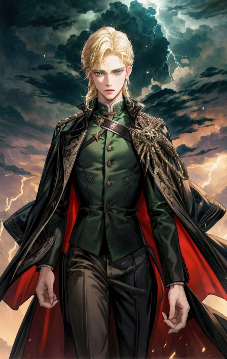 (nonsense, high resolution ), 16ก, (Panorama), 18 years old, 1 man, serious, dark green eyes, open hand, Short right swept dandy blonde hair, blonde hair, black coat, , Extreme details, lightning, magic, magic Array, Exaggerated light, shine, magic, floating, twilight, handsome