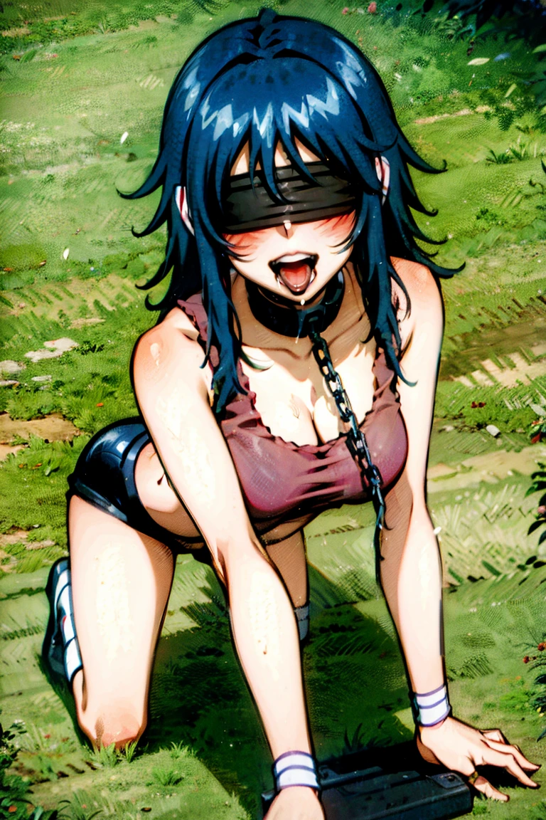 (((blindfold))), blue hair, long hair, messy hair, (((red tank top))), navel, bare shoulder, hair between eyes, straight hair, gleaming kin, oil skin, shiny skin, sweat, wet skin, large breasts, cleavage, (((hands on the ground, on all fours))), (((chain leash, viewer holding chain leash, animal collar, animal collar connected chain leash, pet play, collar, long chain leash))), ultra high res, (((open mouth, tongue out, stick out tongue, long tongue, full face blush, sexual ecstasy smile, fucked silly, vulgarity))), adult, absurdres, cg unity 8k wallpaper, 16k,