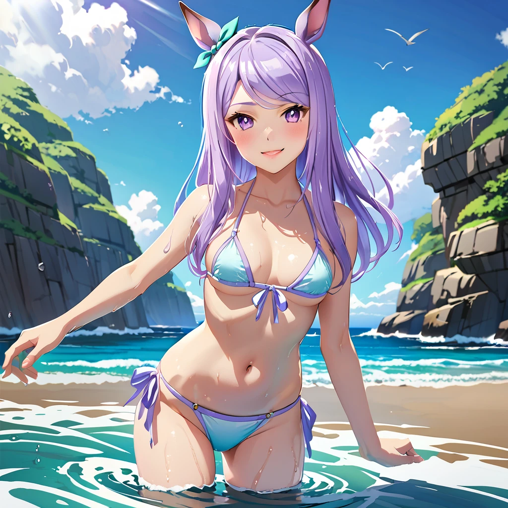 Highest quality, Mejiro McQueen (umamusume), A shy smile,, Micro Bikini、Ocean、get wet、Dynamic pose