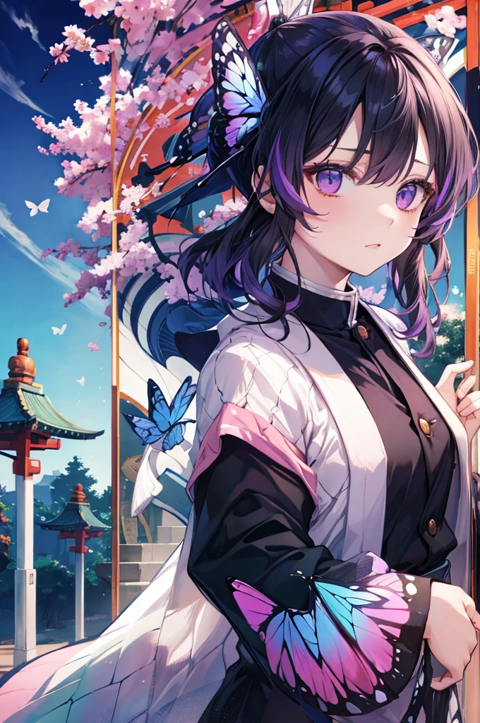 ​full nelson sex, adult woman, top-quality, hight resolution, 1girl in, solo, kochou shinobu, butterfly hair ornament, a purple eye, O cabelo multicolorido, shorth hair, Tie your hair,partedbangs, haori, Long sleeve, Wide sleeves, Black jacket, Straight face, Serious face,is standing, Japanese garden,Butterflies flutter by,detailed face depiction,Beautiful facial features,luminous sky,Turn to this,cowboy  shot,full body Esbian,(Background Japan garden),Red Japan Bridge,Koike,