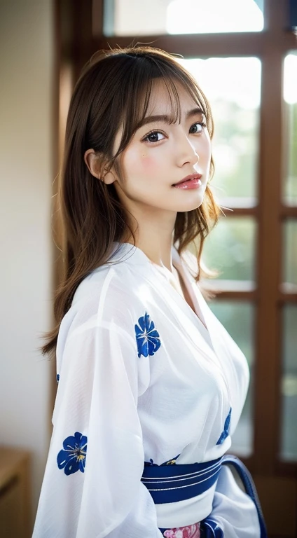 (8k、top-quality、masterpies:1.2)、(The hair、_Style)、(realisitic、Photorealsitic:1.37)、top-quality、masterpies、A simple studio room with natural light、[small tits]、[smallunderboob]、Two models with different atmospheres、Position one of the two in a well-balanced perspective、1 photo、High Balance、from waist up、Camera angle with background facing up、Hair styling and summer yukata style to match the trend of 2023、Three years for two Japan、realisitic、realisitic、super detailing、Beautiful facial features、in her 20s、actress、Half-Japanese and Russian models、Elaborate CG、A slender、adolable、A MILF、Long model and bob model for 3 years Japan、Hair that flutters in the wind、Delicate skin type、Hair with fine details and softness、The model's hair color is slightly lighter and softer、Gloss makeup、Yukata has a cute impression with gentle colors
