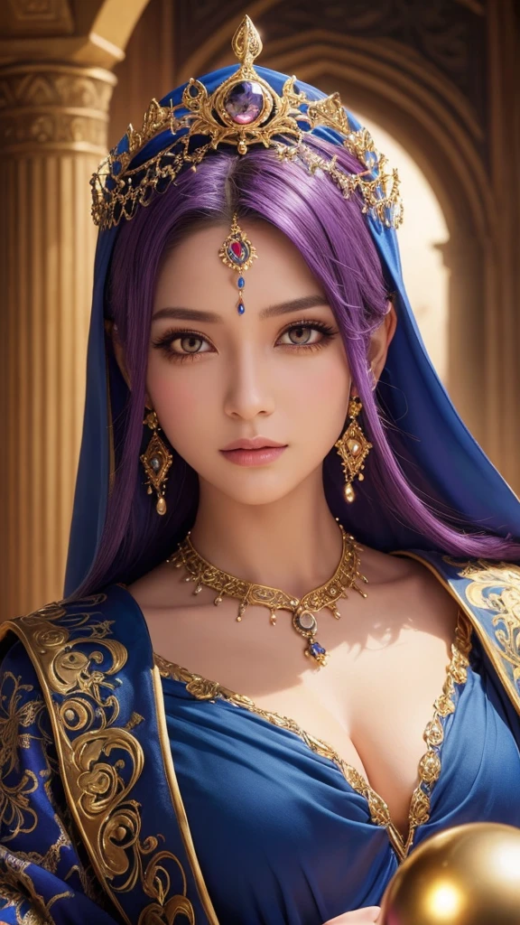 a detailed portrait of Minea the fortune teller from Dragon Quest IV, arabian night,beautiful detailed eyes, beautiful detailed lips, extremely detailed face, longeyelashes, intricate detailed ornate robes, ornate headpiece, holding a magical crystal ball, dramatic lighting, fantasy medieval setting, cinematic composition, rich colors, digital art, concept art style, photorealistic, 8k, best quality, HDR, ultra-detailed