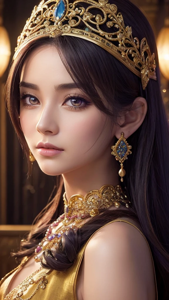 a detailed portrait of Minea the fortune teller from Dragon Quest IV, arabian night,beautiful detailed eyes, beautiful detailed lips, extremely detailed face, longeyelashes, intricate detailed ornate robes, ornate headpiece, holding a magical crystal ball, dramatic lighting, fantasy medieval setting, cinematic composition, rich colors, digital art, concept art style, photorealistic, 8k, best quality, HDR, ultra-detailed