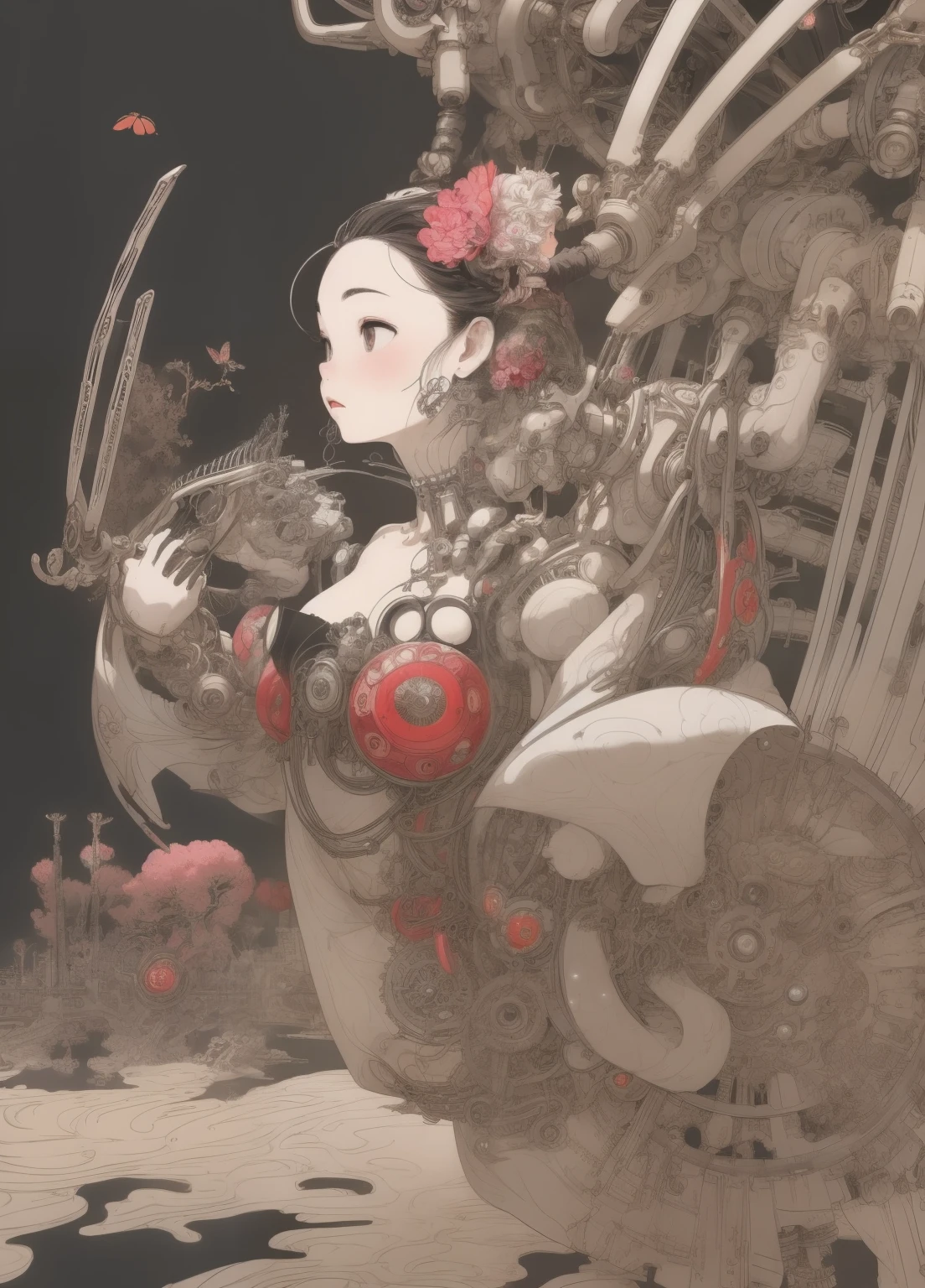 (masterpiece、Highest quality、Highest quality、Official Art、Beautiful and beautiful:1.2)、(1人のgirl:1.3)Hatsune Miku、Twin tails,Beautiful breasts, Katsushika Hokusai,(Highest quality,4K,8k,High resolution,masterpiece:1.2),Very detailed,(Actual,photoActual,photo-Actual:1.37),girl,mechanical,steampunk,Japanese Ukiyo-e Style,,metallic,fluid motion,Stylish design,Cybernetic Enhancements,Intricate Gears and Cogs,Wires and Circuits,Strong gaze,Bright colors,Fantastic Light,mechanical transformation,mechanical limbs,Futuristic cityscape,mechanical flowers and plants,A cold and distant look,Hauntingly beautiful,Gorgeous kimono,translucent mechanical wings,mechanical butterflies,Glowing Eyes,A fusion of traditional and modern elements,Meticulous artistry,Precision Engineering,Attention to detail,industrial aesthetics,The movements are graceful and gentle,Seamless integration of humans and machines,Otherworldly Beings，White Background，Best details，超High resolution