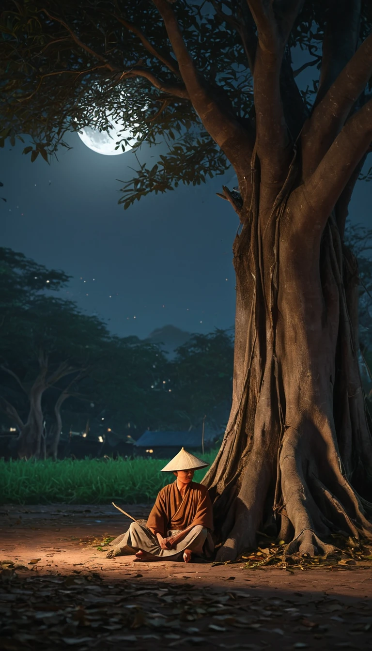 A serene night scene of Thang Cuoi, a Vietnamese farmer, sitting under an ancient banyan tree. He is wearing a traditional conical hat and a simple brown tunic. A gentle breeze rustles through the leaves, and a full moon casts its soft glow over the peaceful village. Detailed, digital painting, Studio Ghibli style, Vietnamese folklore. Cinematic light, high detail, 8K, artstation, artistic concept, any virtual darkness. Photo taken with Canon EOS R5 85mm f/11 camera, mode ((sharp)) of people and surroundings. Image quality ((8K)), ((realistic)), ((masterpiece)), ((sharpest and highest contrast)), ((excellent depth of field)), ((stereoscopic light)), ((angry, fierce)), detailed pore defect, ((Direct light on face)), bright sunlight.