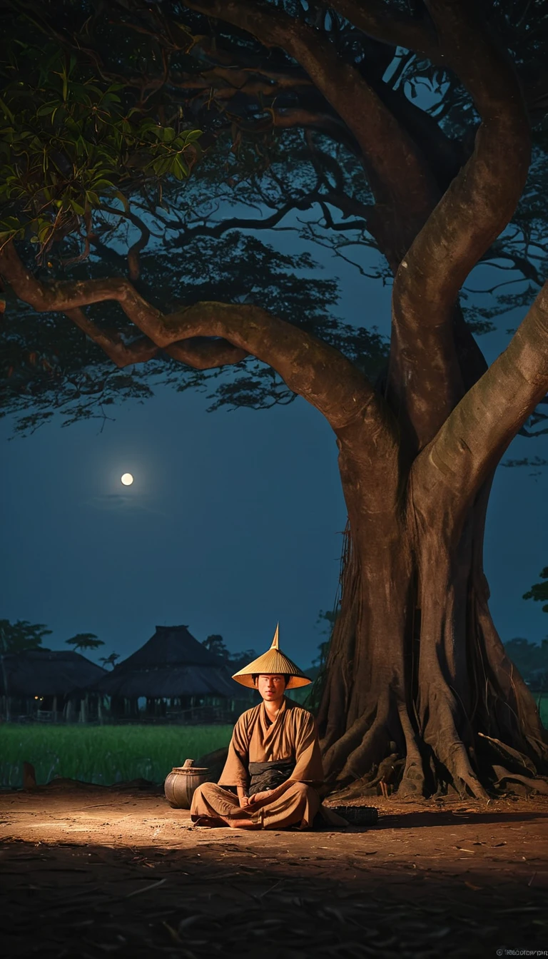 A serene night scene of Thang Cuoi, a Vietnamese farmer, sitting under an ancient banyan tree. He is wearing a traditional conical hat and a simple brown tunic. A gentle breeze rustles through the leaves, and a full moon casts its soft glow over the peaceful village. Detailed, digital painting, Studio Ghibli style, Vietnamese folklore. Cinematic light, high detail, 8K, artstation, artistic concept, any virtual darkness. Photo taken with Canon EOS R5 85mm f/11 camera, mode ((sharp)) of people and surroundings. Image quality ((8K)), ((realistic)), ((masterpiece)), ((sharpest and highest contrast)), ((excellent depth of field)), ((stereoscopic light)), ((angry, fierce)), detailed pore defect, ((Direct light on face)), bright sunlight.