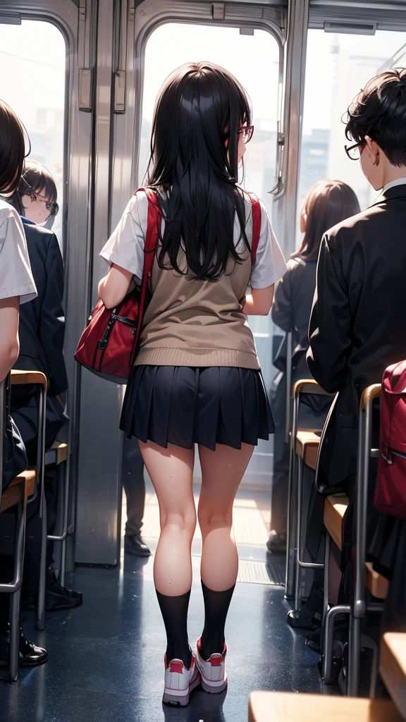 summer、In a crowded train、thick、Sweat、、high school girl、Student Bags、、Low length、、(((Long black hair:1.2 hair band)))(((Black-rimmed glasses:1.2 black eye)))、Strong sunlight、thicksummerの昼間、Bright sunlight、Look at this、Front view、Full Body Shot、Big Breasts、loose socks、Checked mini skirt、Navy knit vest、Are standing、A man whispers in my ear、sneakers、backstyle、Back view、Big Ass、turn around、