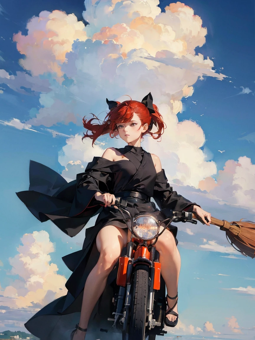 (masterpiece:1.4), (best quality:1.4), (high resolution:1.4),girl, kiki riding  a broom flying in the sky,cloud, black robe, red hair bow, shoulder bag,