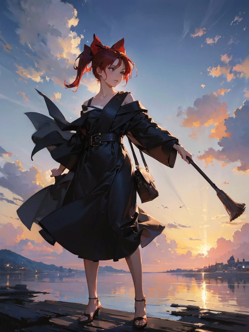 (masterpiece:1.4), (best quality:1.4), (high resolution:1.4),girl, kiki riding  a broom flying in the sky,cloud, black robe, red hair bow, shoulder bag,