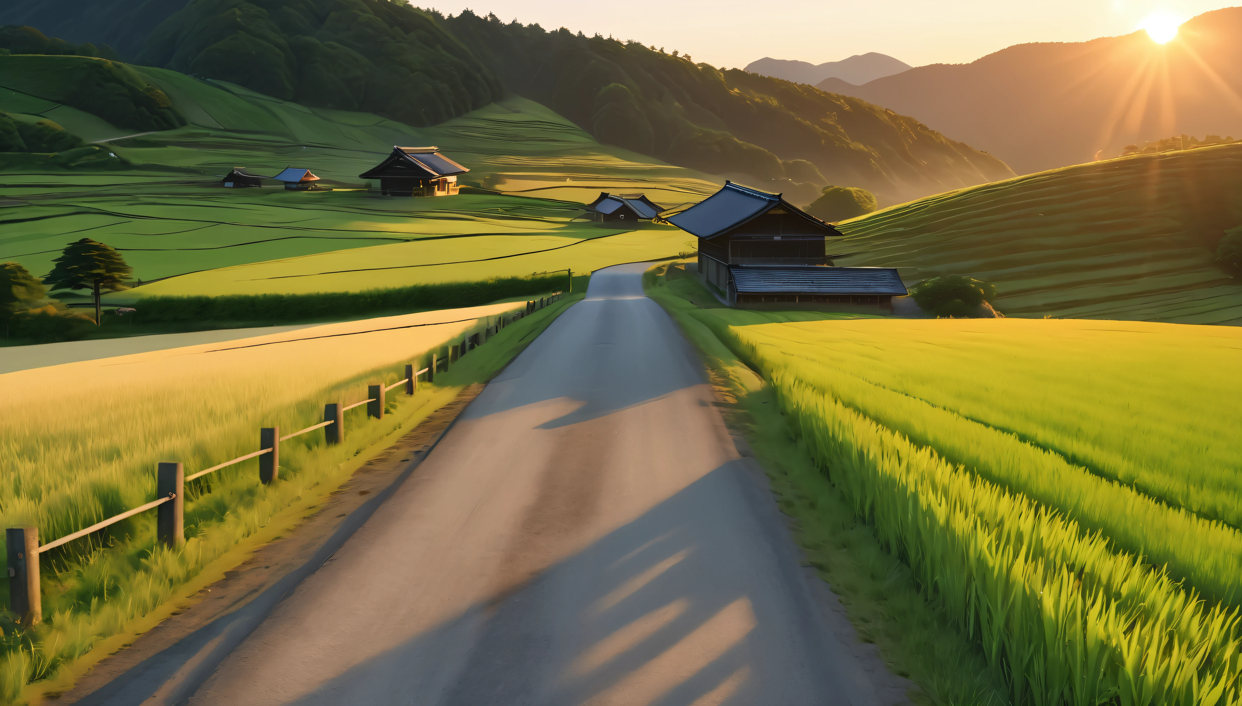 a japanese rural village, lush green farmland, paved roads, midsummer, sunny day, golden hour sunset, (best quality,4k,8k,highres,masterpiece:1.2),ultra-detailed,(realistic,photorealistic,photo-realistic:1.37),HDR,UHD,studio lighting,vivid colors,professional