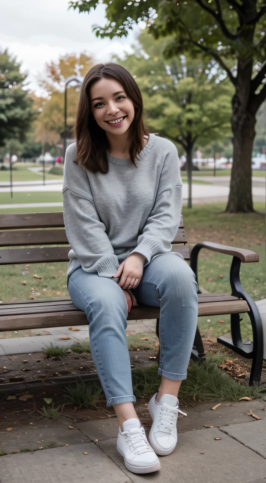 A girl is sitting on a bench in the park、 Full body photo、,Short Haircut、 smile、Beautiful teeth alignment、Ear piercing、Grey sweater, Skinny jeans、 Wearing sneakers,, High resolution, detailed, Realistic,High detailed