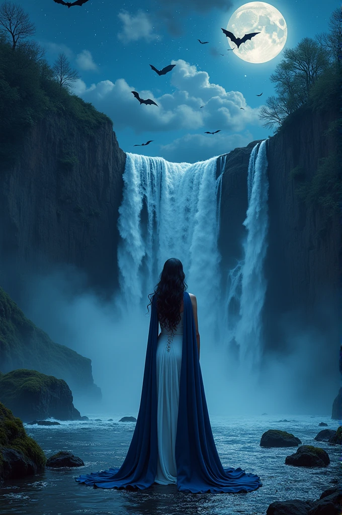 a ((facial portrait: 1.6)) of an exquisite beautiful female vampire standing under the starry night sky at the base of the waterfall, portrait (ultra detailed, Masterpiece, best quality), ultra feminine, (black skin: 1.3),  dynamic hair color, wavy hair, dynamic eyes color, cold eyes, glowing eyes, intense eyes, dark red lips, wearing white dress (ultra detailed, Masterpiece, best quality), wearing blue cloak (ultra detailed, Masterpiece, best quality), long cloak, flowing cloak (ultra detailed, Masterpiece, best quality), wearing high heeled boots,  water coming down from a mountain, multi level water falls, several pools created in different levels, forming new waterfalls, water cascading into a pool steam rising, clear water in many hues of blue and azure falling, ultra best realistic, best details, best quality, 16k, [ultra detailed], masterpiece, best quality, (extremely detailed), ultra wide shot, photorealism, depth of field, hyper realistic painting, sky full of stars background, moon, bats flying about, high details, best quality, 8k, [ultra detailed], masterpiece, best quality, (ultra detailed), full body, ultra wide shot, photorealism, dark fantasy art, dark fantasy art, gothic art, many stars, dark fantasy art, gothic art, sense of dread, Intense gaze, magical sky