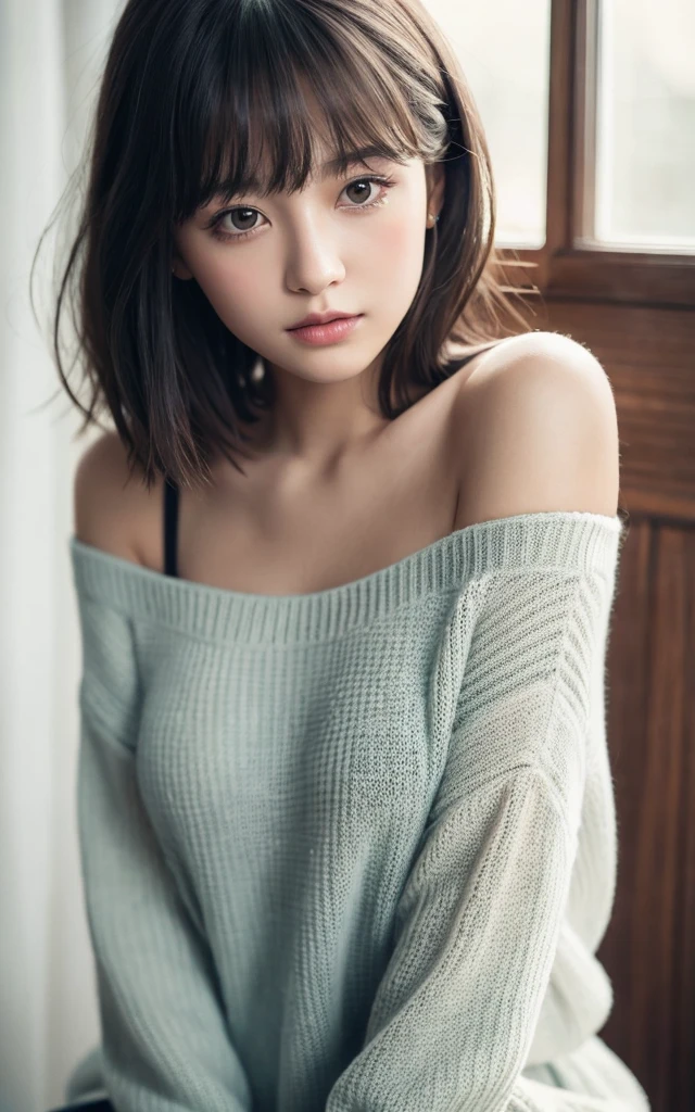 masterpiece, Highest quality, 8k, 20th Generation, Large Breasts, cute, alone, sad, cute, Girlish, Delicate girl, Pure beauty, RAW Photos, Professional photography, Portraiture, Soft Light, Professional Lighting, Backlight, Upper Body, avert your eyes, Sophisticated, Film Grain, (Eye and facial details:1.0), Short floating hair, Beautiful, flowing hair, bangs, sweater,