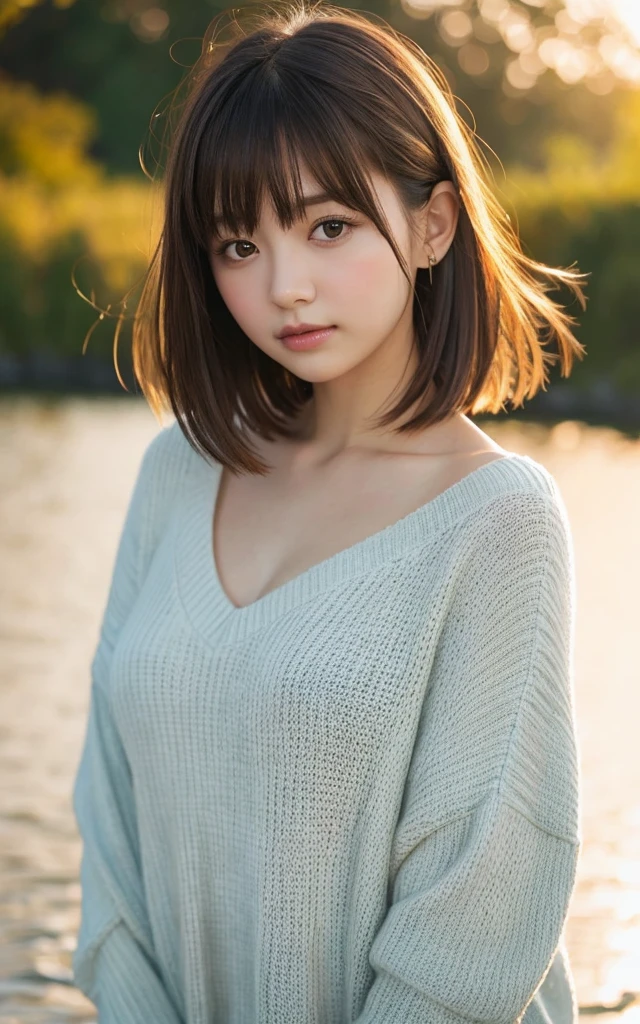 masterpiece, Highest quality, 8k, 20th Generation, Large Breasts, cute, alone, sad, cute, Girlish, Delicate girl, Pure beauty, RAW Photos, Professional photography, Portraiture, Soft Light, Professional Lighting, Backlight, Upper Body, avert your eyes, Sophisticated, Film Grain, (Eye and facial details:1.0), Short floating hair, Beautiful, flowing hair, bangs, sweater,