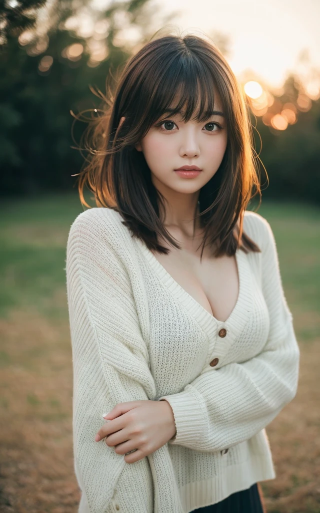 masterpiece, Highest quality, 8k, 20th Generation, Large Breasts, cute, alone, sad, cute, Girlish, Delicate girl, Pure beauty, RAW Photos, Professional photography, Portraiture, Soft Light, Professional Lighting, Backlight, Upper Body, avert your eyes, Sophisticated, Film Grain, (Eye and facial details:1.0), Short floating hair, Beautiful, flowing hair, bangs, sweater,