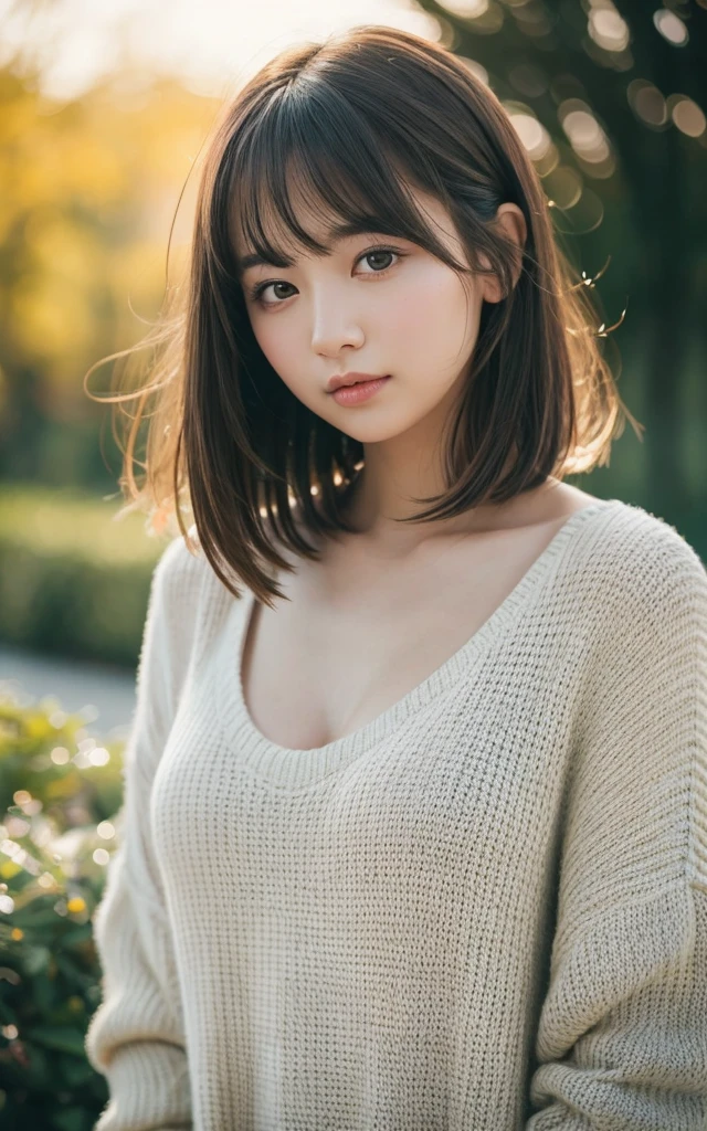 masterpiece, Highest quality, 8k, 20th Generation, Large Breasts, cute, alone, sad, cute, Girlish, Delicate girl, Pure beauty, RAW Photos, Professional photography, Portraiture, Soft Light, Professional Lighting, Backlight, Upper Body, avert your eyes, Sophisticated, Film Grain, (Eye and facial details:1.0), Short floating hair, Beautiful, flowing hair, bangs, sweater,