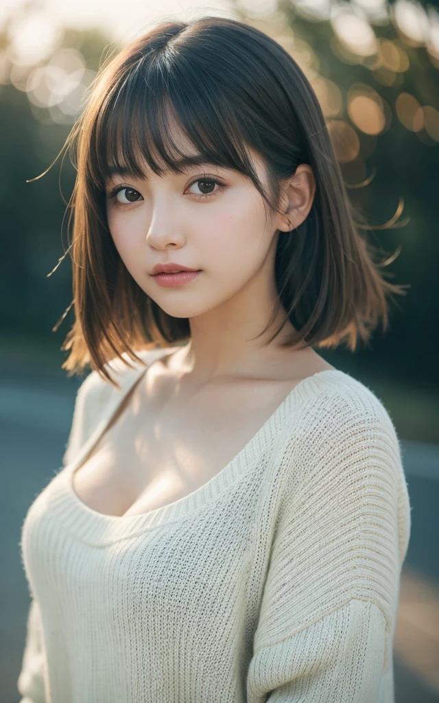 masterpiece, Highest quality, 8k, 20th Generation, Large Breasts, cute, alone, sad, cute, Girlish, Delicate girl, Pure beauty, RAW Photos, Professional photography, Portraiture, Soft Light, Professional Lighting, Backlight, Upper Body, avert your eyes, Sophisticated, Film Grain, (Eye and facial details:1.0), Short floating hair, Beautiful, flowing hair, bangs, sweater,