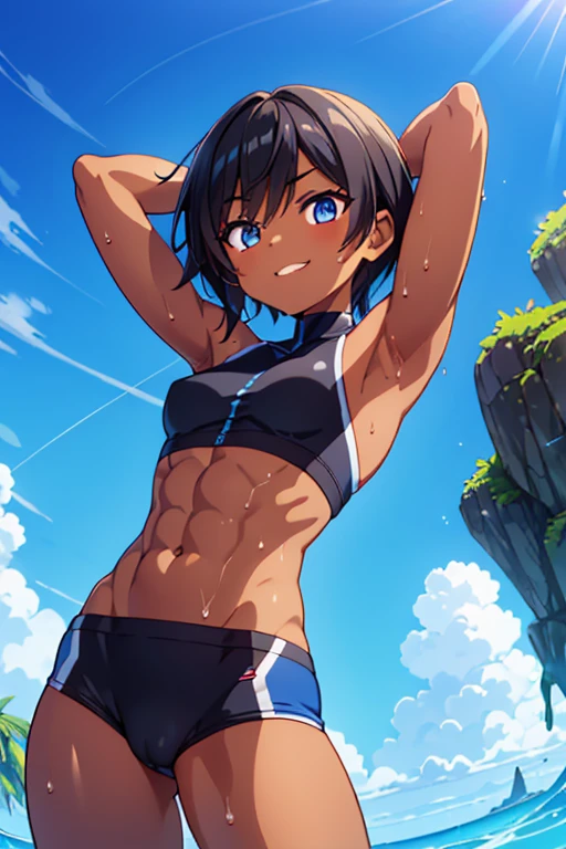 Trained abdominal muscles, muscle, Brown skin, Dark skin,boyish,Shortcuts, Black Hair,National costume, Shoulders are exposed、Developed deltoid muscle Armpits are visible,Anime Art, The whole body fits into the angle of view, Sweat, Contrasting blue sky,Early s,smile,Slim body,girl,