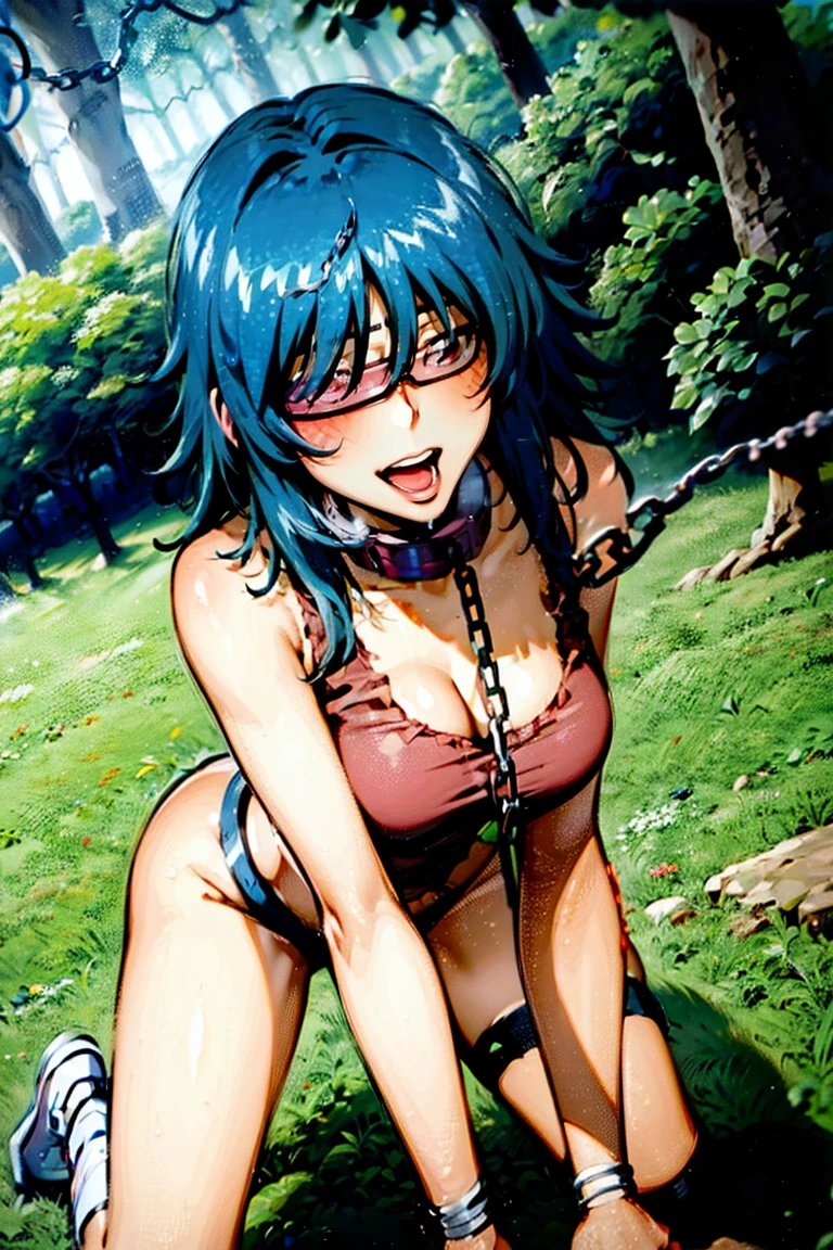 (((blindfold))), blue hair, long hair, messy hair, (((red tank top))), navel, bare shoulder, hair between eyes, straight hair, gleaming kin, oil skin, shiny skin, sweat, wet skin, large breasts, cleavage, (((hands on the ground, on all fours))), ((((((chain leash, viewer holding chain leash, animal collar, animal collar connected chain leash, pet play, collar, long chain leash)))))), ultra high res, (((open mouth, tongue out, stick out tongue, long tongue, full face blush, sexual ecstasy smile, fucked silly, vulgarity))), adult, absurdres, cg unity 8k wallpaper, 16k,

