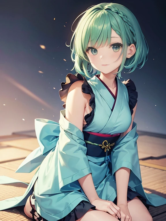 Kimono with arrowhead pattern,mini-skirted blue kimono,apron,anime girl with green hair and a ribbon in her short hair,side Braided Hair